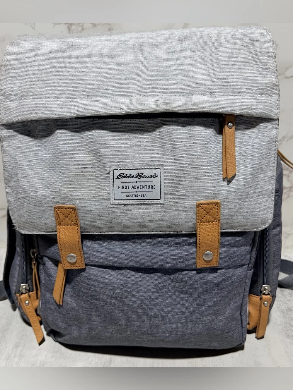Eddie Bauer First Adventure Two-Tone Gray Diaper Backpack with Tan Accents